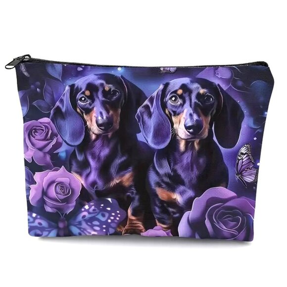 Cosmetic Bag Makeup Dachshund Dog Flowers Clutch Pouch Travel Storage Weiner NEW - Picture 1 of 3